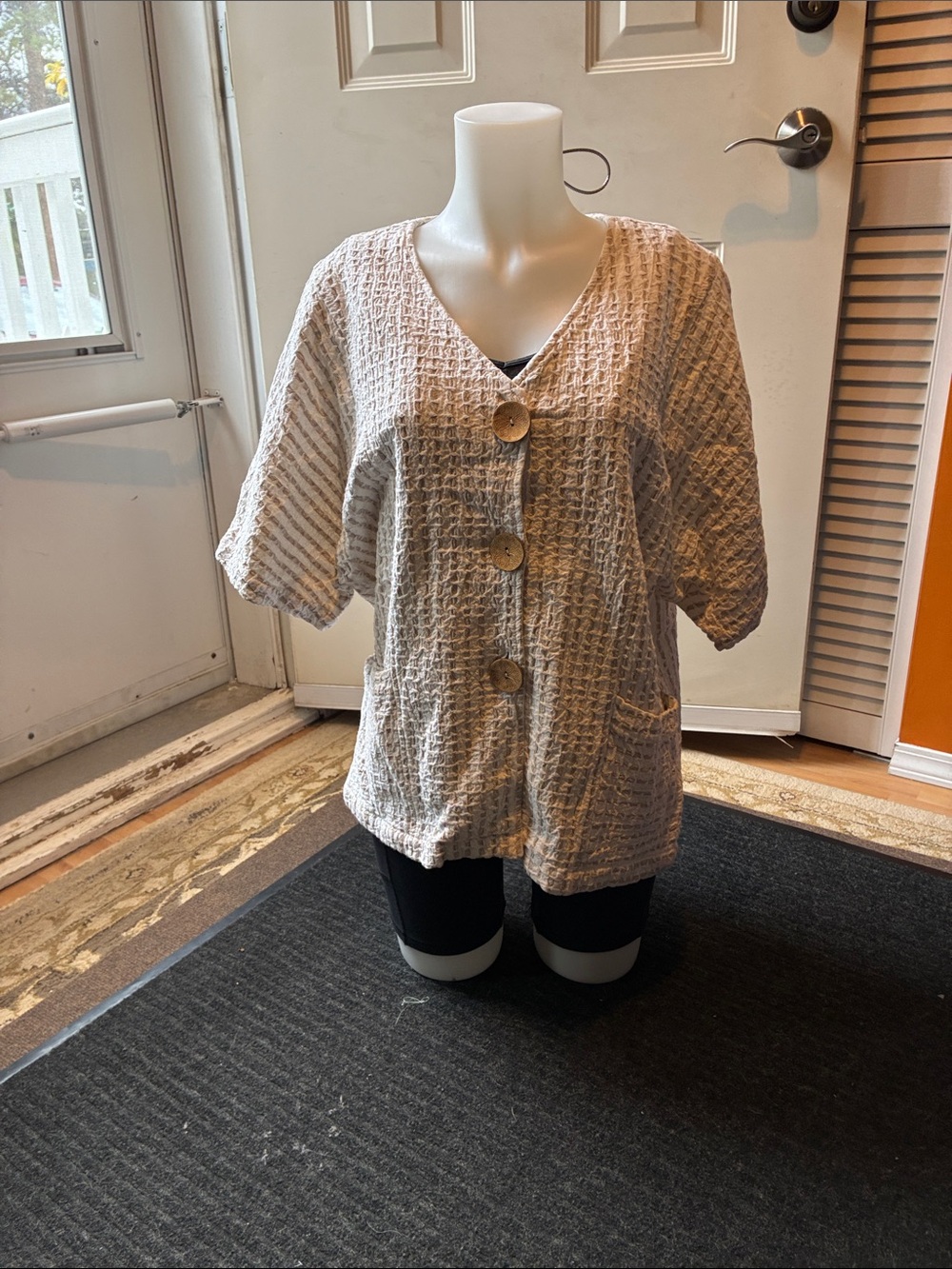 Relaxed Waffle-Knit Button-Front Jacket in Light Beige